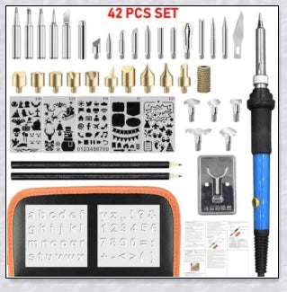 A comprehensive wood burning pyrography kit with a variety of tips, stencils, and a portable carrying case for creative versatility.