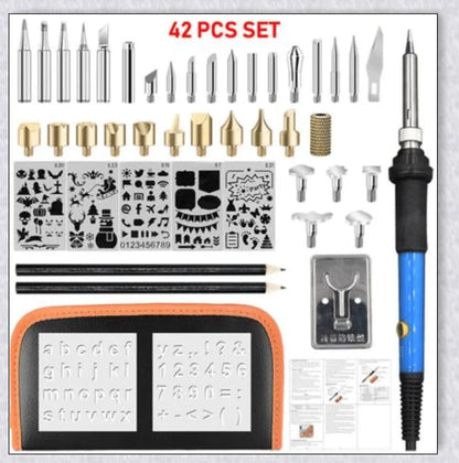 A comprehensive wood burning pyrography kit with a variety of tips, stencils, and a portable carrying case for creative versatility.