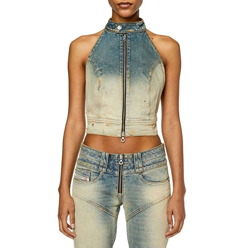A stylish backless denim vest in a bold hit colour design, perfect for summer fashion and casual outings.