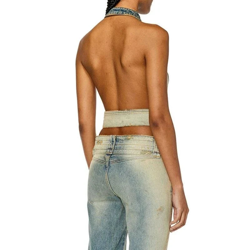 A stylish backless denim vest in a bold hit colour design, perfect for summer fashion and casual outings.