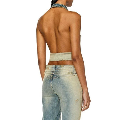 A stylish backless denim vest in a bold hit colour design, perfect for summer fashion and casual outings.