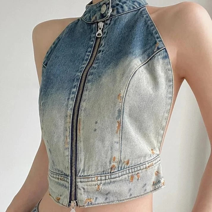 A stylish backless denim vest in a bold hit colour design, perfect for summer fashion and casual outings.