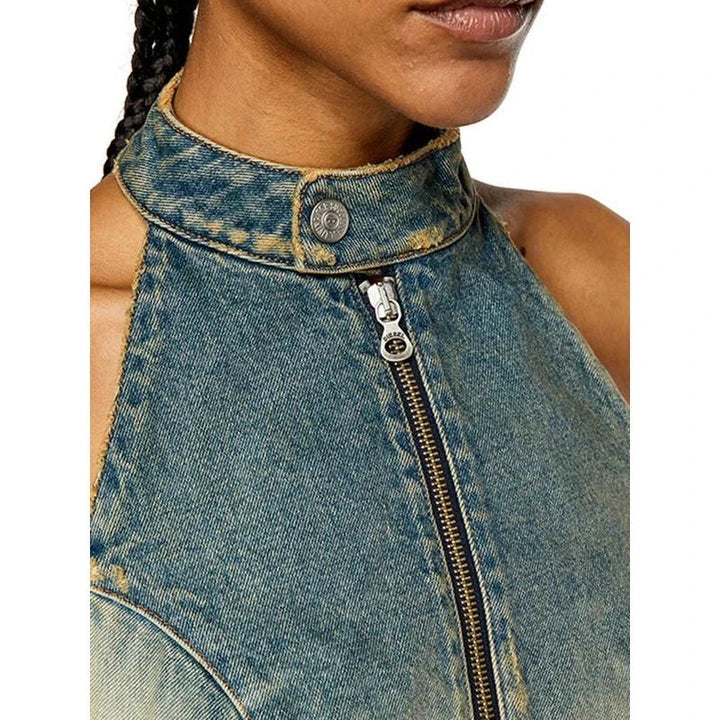 A stylish backless denim vest in a bold hit colour design, perfect for summer fashion and casual outings.
