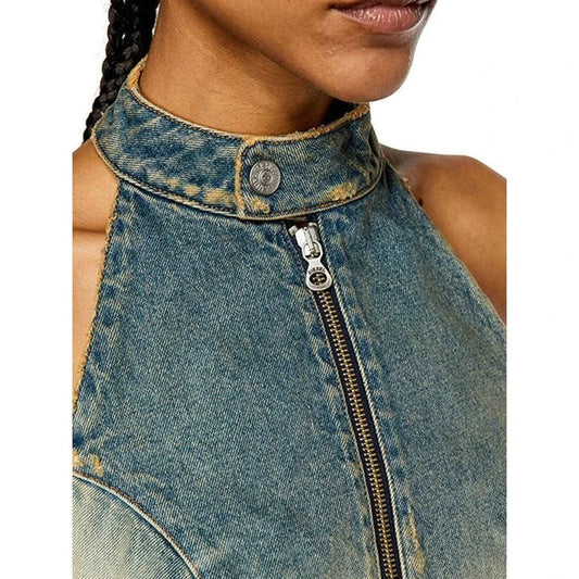 A stylish backless denim vest in a bold hit colour design, perfect for summer fashion and casual outings.