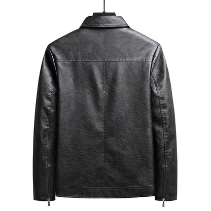 Men's premium thin leather jacket in black, featuring dimensional patch pockets and a sleek, contemporary silhouette