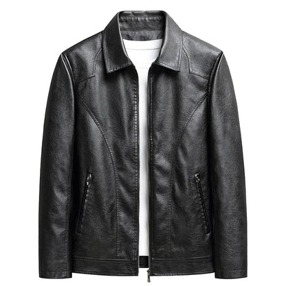 Men's premium thin leather jacket in black, featuring dimensional patch pockets and a sleek, contemporary silhouette