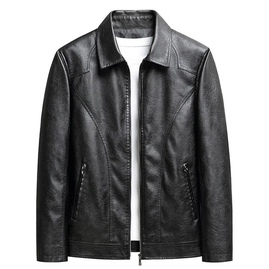 Men's premium thin leather jacket in black, featuring dimensional patch pockets and a sleek, contemporary silhouette