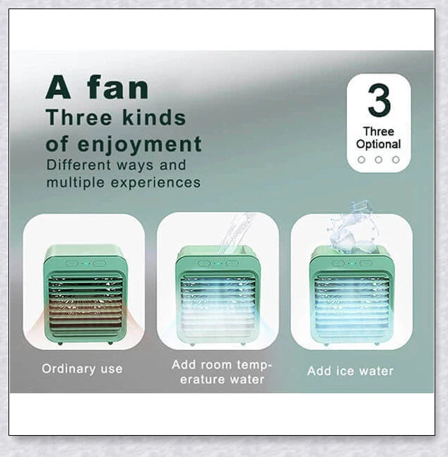 Rechargeable Mini Portable Air Conditioner with hydro-chill technology, providing rapid cooling and air purification for a comfortable, refreshed environment