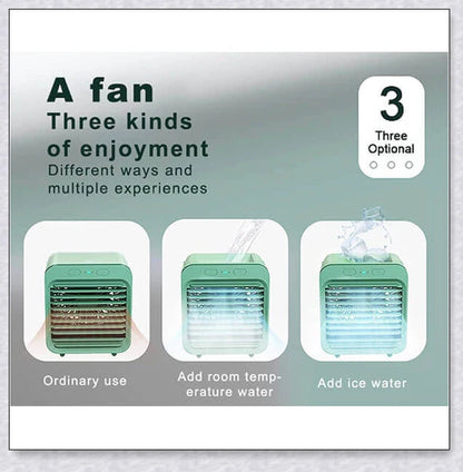 Rechargeable Mini Portable Air Conditioner with hydro-chill technology, providing rapid cooling and air purification for a comfortable, refreshed environment