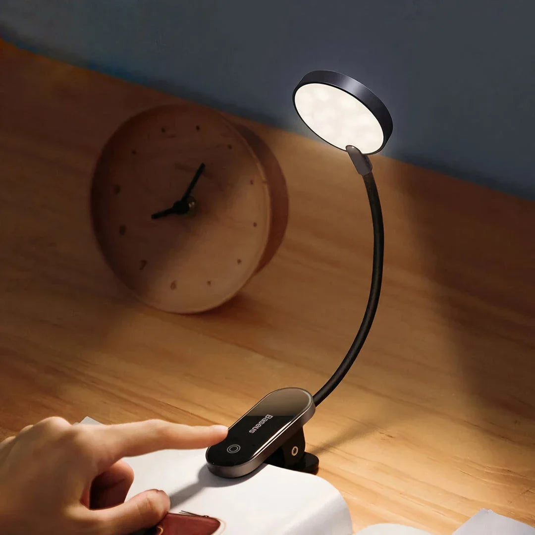 Dimmable LED Clip Desk Lamp with flexible arm and three brightness levels for versatile lighting