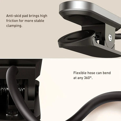 Dimmable LED Clip Desk Lamp with flexible arm and three brightness levels for versatile lighting