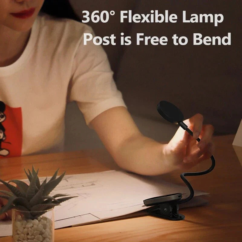 Dimmable LED Clip Desk Lamp with flexible arm and three brightness levels for versatile lighting