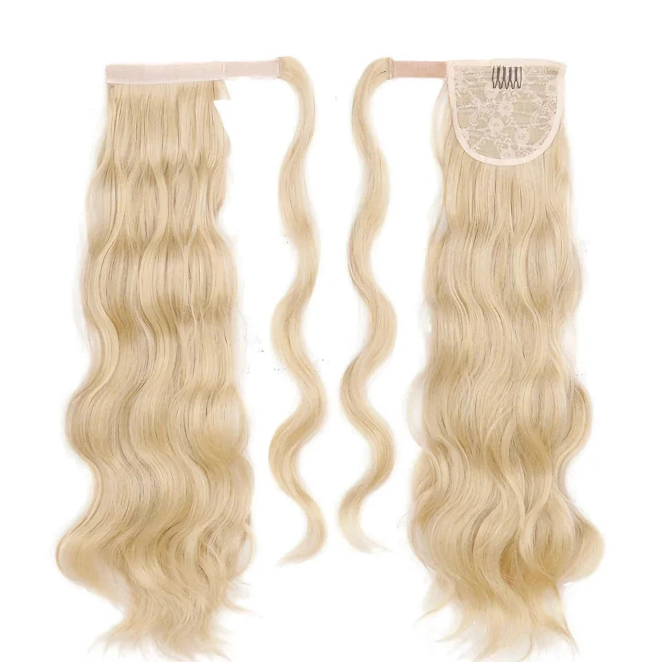 Blonde Wavy Hollywood Style Clip-In Ponytail from Trendha, a luxurious synthetic hairpiece that adds volume, length, and waves to your hairstyle.