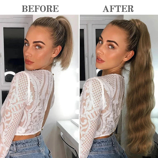 Blonde Wavy Hollywood Style Clip-In Ponytail from Trendha, a luxurious synthetic hairpiece that adds volume, length, and waves to your hairstyle.