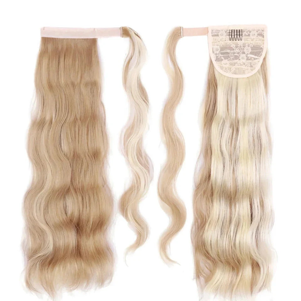 Blonde Wavy Hollywood Style Clip-In Ponytail from Trendha, a luxurious synthetic hairpiece that adds volume, length, and waves to your hairstyle.