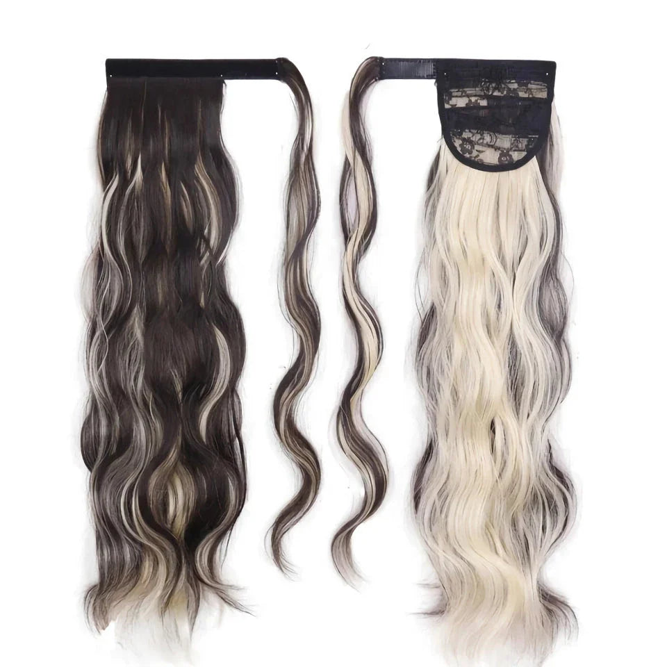 Blonde Wavy Hollywood Style Clip-In Ponytail from Trendha, a luxurious synthetic hairpiece that adds volume, length, and waves to your hairstyle.