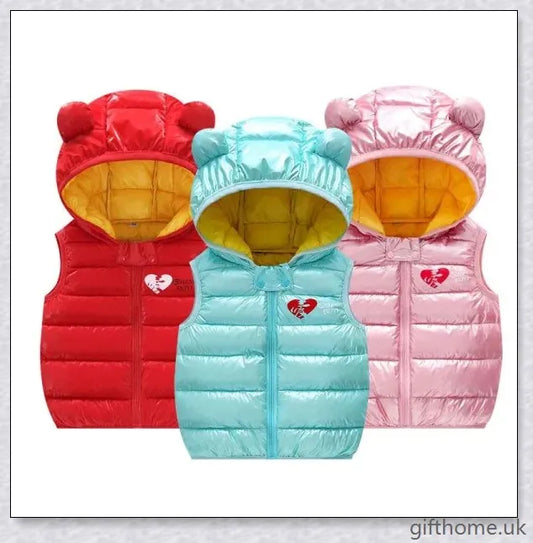 Autumn Kids Outerwear Hooded Sleeveless Warm Vest in solid colours, suitable for layering over shirts and jumpers