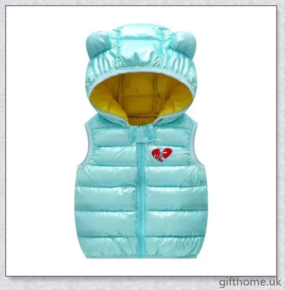 Autumn Kids Outerwear Hooded Sleeveless Warm Vest in solid colours, suitable for layering over shirts and jumpers
