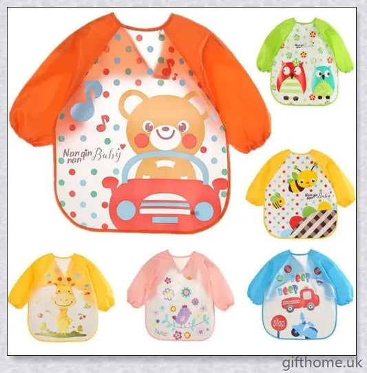 A long-sleeved baby bib made of waterproof PEVA material, featuring dot and print patterns to protect your little one's clothes during feeding time.