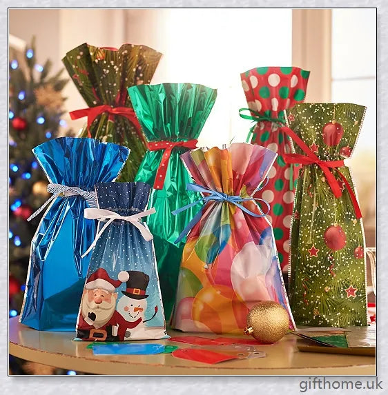 15 sets of drawstring Christmas gift bags in various sizes and festive designs