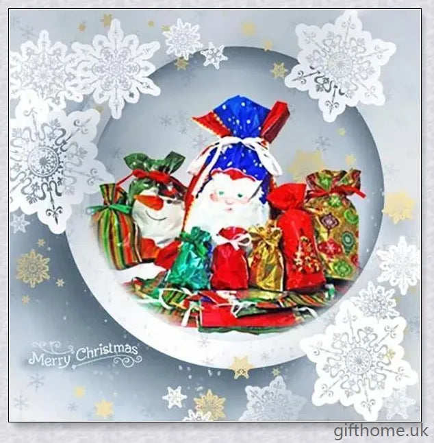 15 sets of drawstring Christmas gift bags in various sizes and festive designs