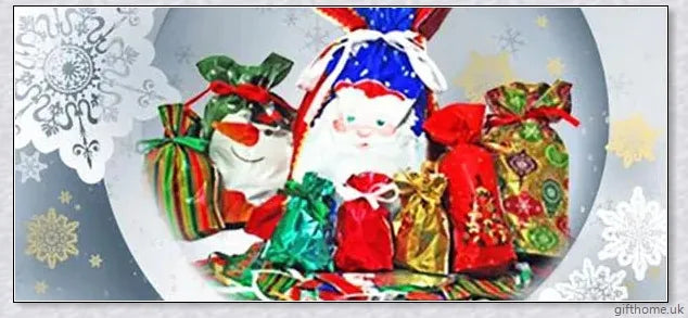 15 sets of drawstring Christmas gift bags in various sizes and festive designs