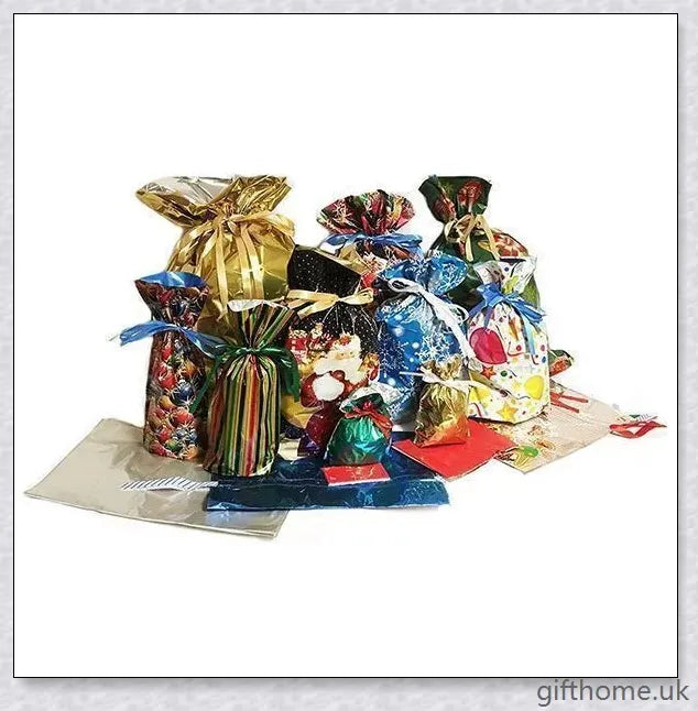 15 sets of drawstring Christmas gift bags in various sizes and festive designs