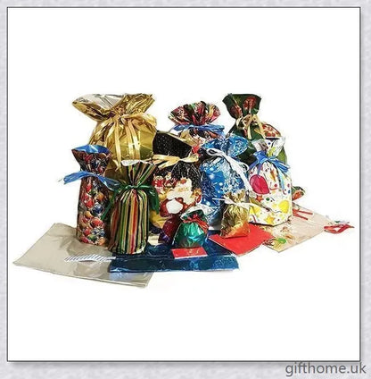 15 sets of drawstring Christmas gift bags in various sizes and festive designs
