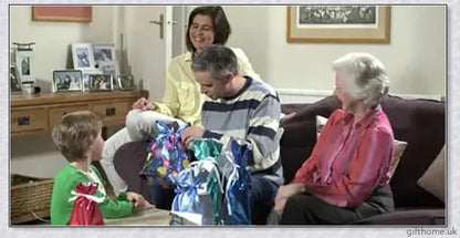15 sets of drawstring Christmas gift bags in various sizes and festive designs