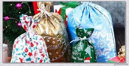 15 sets of drawstring Christmas gift bags in various sizes and festive designs