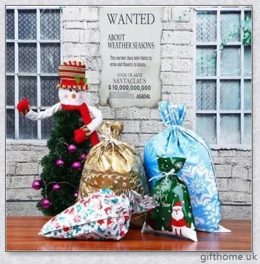 15 sets of drawstring Christmas gift bags in various sizes and festive designs
