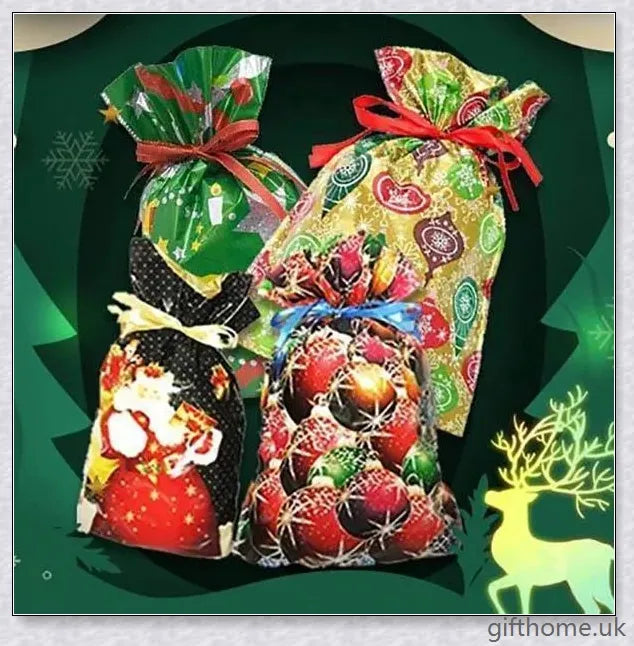 15 sets of drawstring Christmas gift bags in various sizes and festive designs