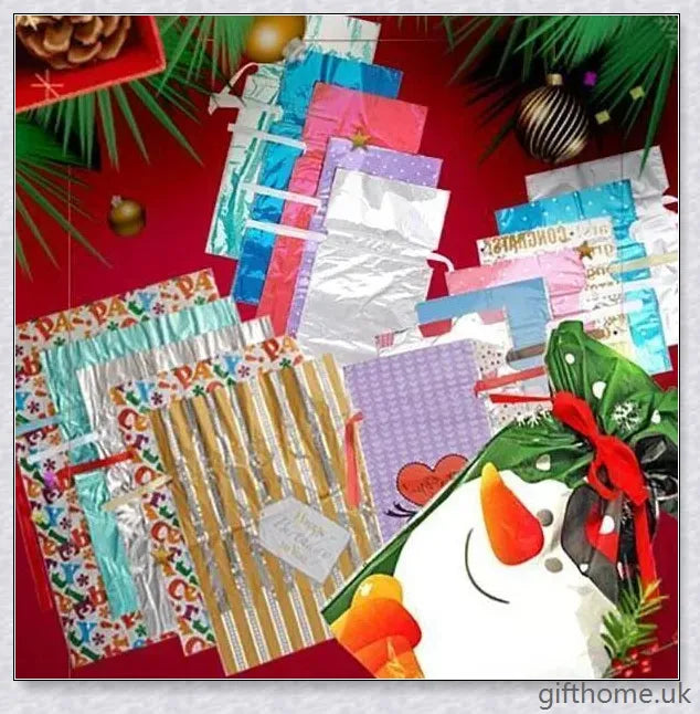 15 sets of drawstring Christmas gift bags in various sizes and festive designs