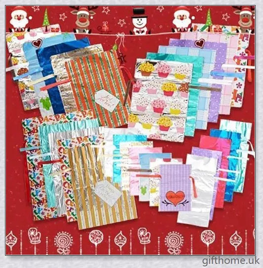 15 sets of drawstring Christmas gift bags in various sizes and festive designs