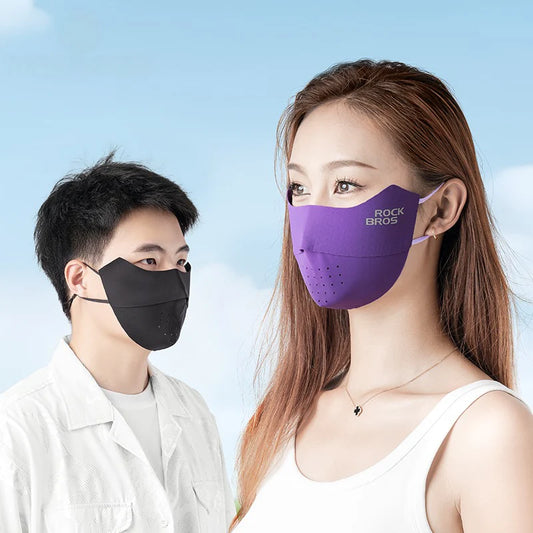 Ice Silk Seamless Face Mask with UPF50+ sun protection, breathable mesh design, and adjustable ear bands for outdoor activities