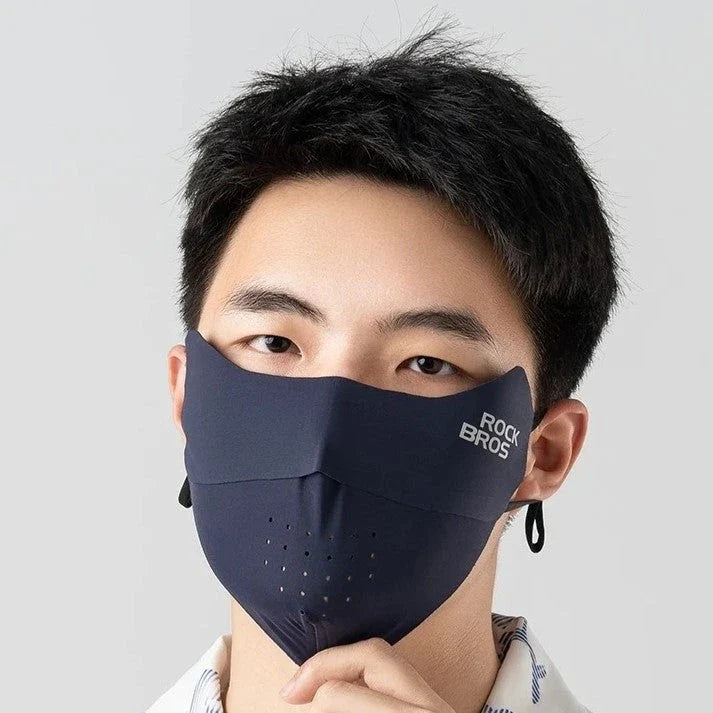 Ice Silk Seamless Face Mask with UPF50+ sun protection, breathable mesh design, and adjustable ear bands for outdoor activities