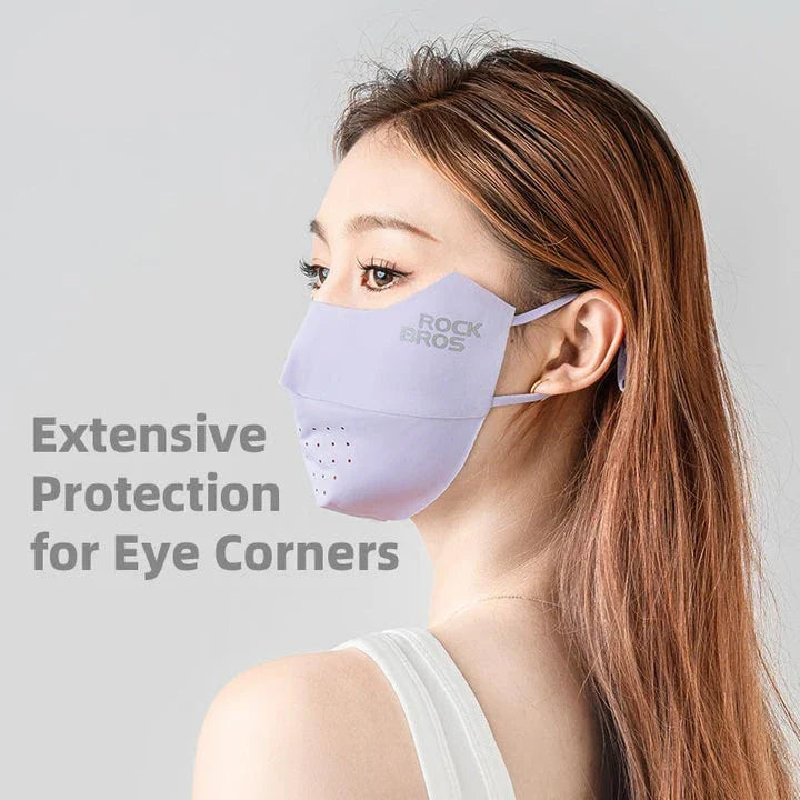 Ice Silk Seamless Face Mask with UPF50+ sun protection, breathable mesh design, and adjustable ear bands for outdoor activities