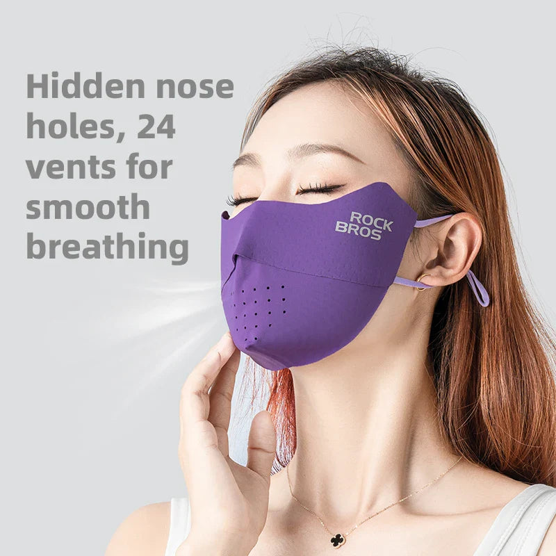 Ice Silk Seamless Face Mask with UPF50+ sun protection, breathable mesh design, and adjustable ear bands for outdoor activities