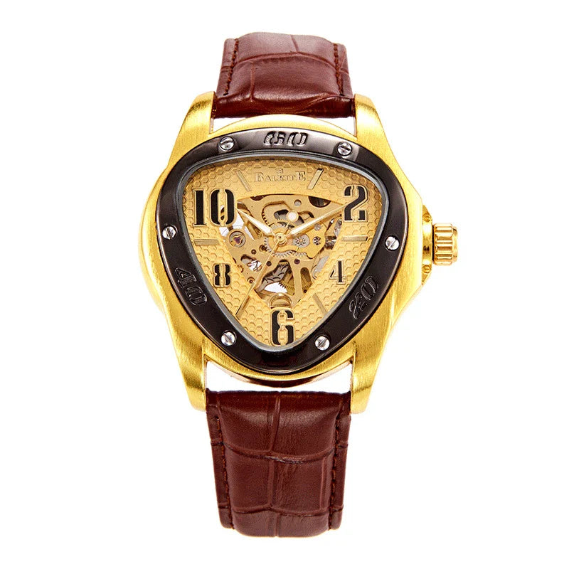 A stylish men's mechanical watch with a hollow triangle design, featuring a durable alloy case, genuine leather strap, and luminous display for easy reading.