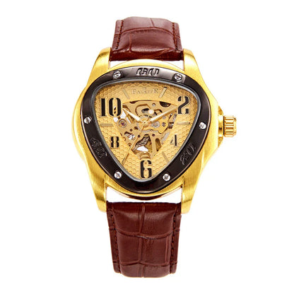 A stylish men's mechanical watch with a hollow triangle design, featuring a durable alloy case, genuine leather strap, and luminous display for easy reading.