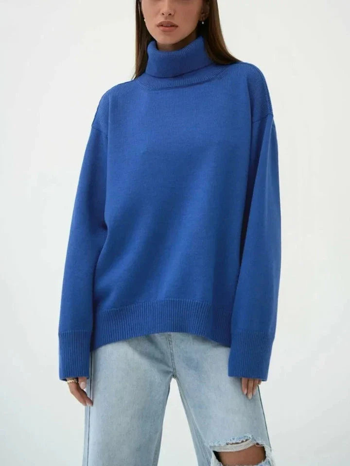 Cosy Winter Turtleneck Sweater - Oversized casual knitted pullover in blue for women