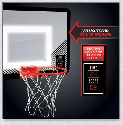 A basketball hoop with a LED-illuminated rim, perfect for indoor basketball games and parties