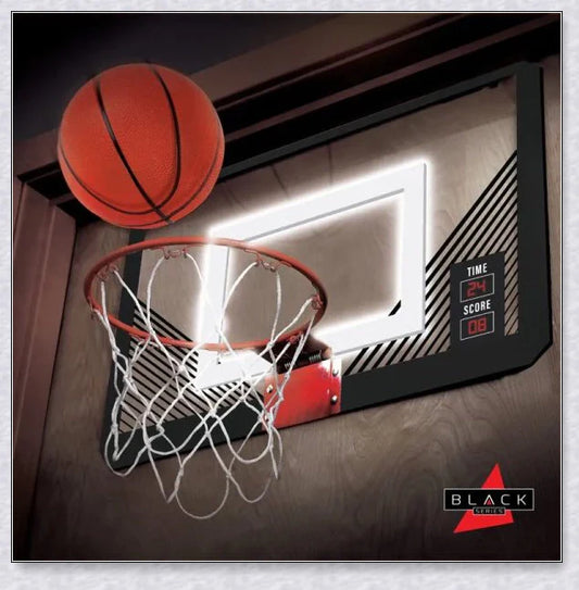 A basketball hoop with a LED-illuminated rim, perfect for indoor basketball games and parties