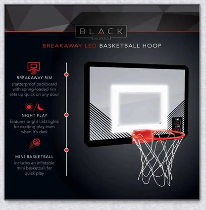 A basketball hoop with a LED-illuminated rim, perfect for indoor basketball games and parties