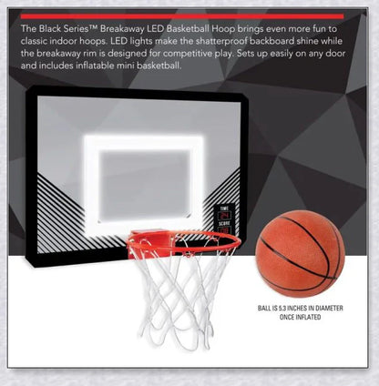 A basketball hoop with a LED-illuminated rim, perfect for indoor basketball games and parties