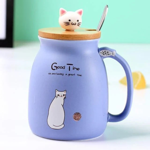 Cartoon cat-themed ceramic coffee mug with lid, available in various colours for hot beverage enjoyment