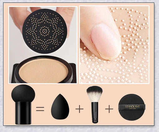 A makeup product featuring a mushroom-shaped sponge applicator for effortless, natural-looking coverage
