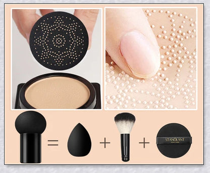 A makeup product featuring a mushroom-shaped sponge applicator for effortless, natural-looking coverage