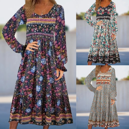 A beautifully printed dress with a round neckline, pullover design, and long sleeves in a variety of colours