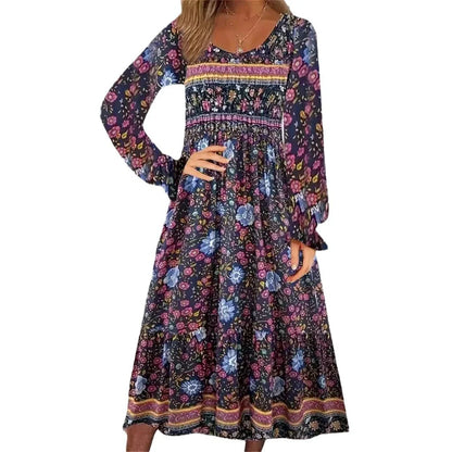 A beautifully printed dress with a round neckline, pullover design, and long sleeves in a variety of colours